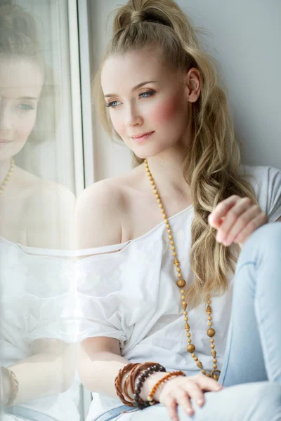 Romantische Blondine Junge Schöne Süße Frau Schönheit Mädchen Mit Langen — Stockfoto