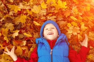 Çocuk sonbahar park. Sevimli çocukla mutlu sonbahar yaprakları. Çocukluk, Aile ve çocuk gülüyor açık havada kavramı.
