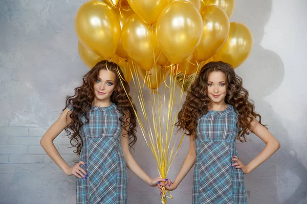 Ragazze Gemelle Sorelle Con Capelli Updo Una Festa Sullo Sfondo — Foto Stock