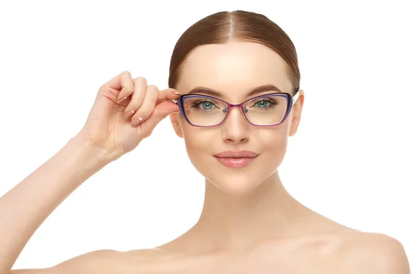 Kvinna Glasögon Modell Glasögon Korrigering Vision Optik Och Ögat Reklamprodukter — Stockfoto