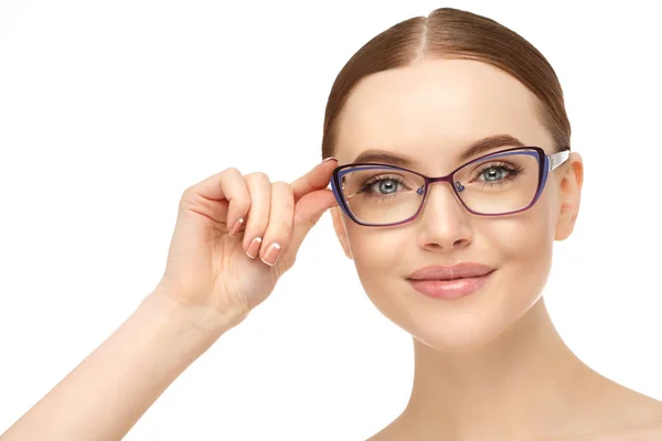 Frau Mit Brille Modemodell Mit Brille Korrektur Der Sehkraft Werbeoptik — Stockfoto