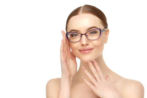 Woman in glasses. Fashion model in eyeglasses. Correction of vision. Advertising optics and eye products.