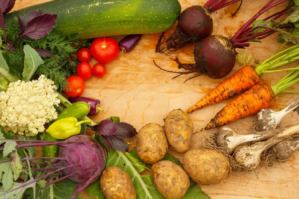 Skörd Färska Grönsaker Trä Bakgrund Trädgården Bakgrunden Ovanifrån Vitlök Rödbetor — Stockfoto