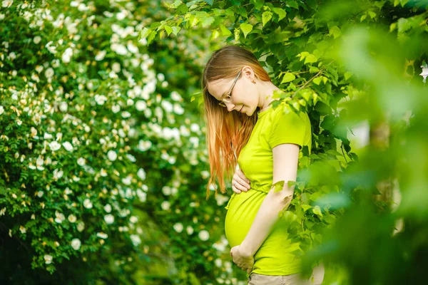 Pregnant Woman Background Nature Beautiful Young Girl Model Tummy — Stock Photo, Image