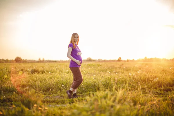 Pregnant Woman Background Sunset Nature Beautiful Young Girl Model Tummy — Stock Photo, Image