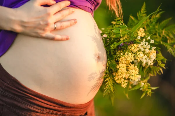 Zwangere Vrouw Een Achtergrond Van Zonsondergang Natuur Mooi Jong Meisje — Stockfoto