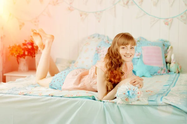 Cute Young Girl Nice Children Bedroom — Stock Photo, Image