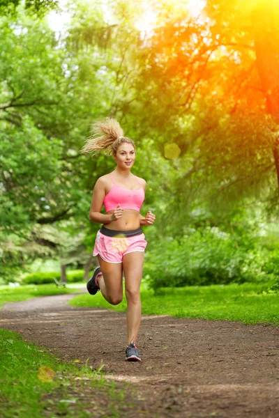 Young Woman Sports Running Park Girl Model Runs Sunrise Sunset — Stock Photo, Image