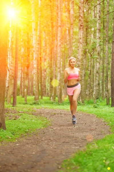 Young Woman Sports Running Park Girl Model Runs Sunrise Sunset — Stock Photo, Image