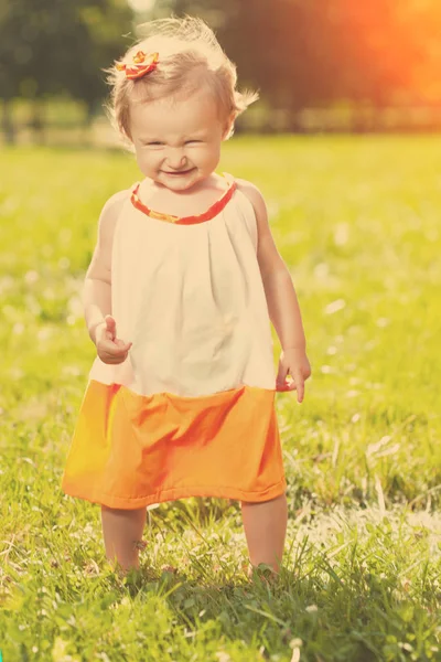 Cute Little Baby Girl Grass Nature Outdoors — Stock Photo, Image