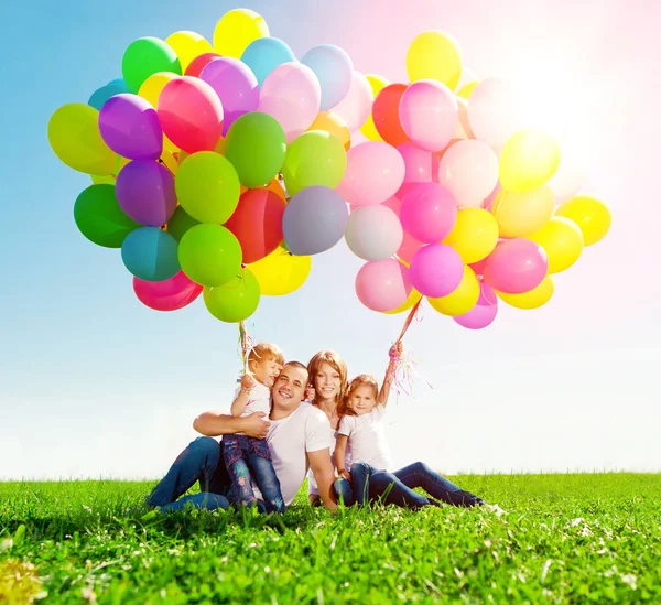 Happy Family Holding Colorful Balloons Outdoor Mom Ded Two Daughters — Stock Photo, Image