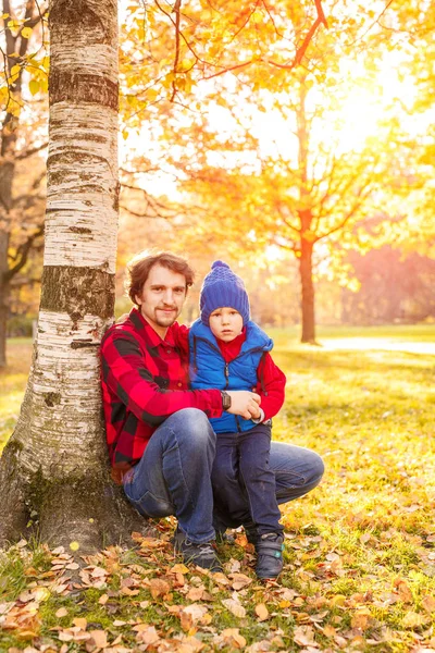 父は秋の公園で息子と歩きます 子供と森の中の人は 散歩を楽しんでいます 家族が自然に時間を費やしています — ストック写真