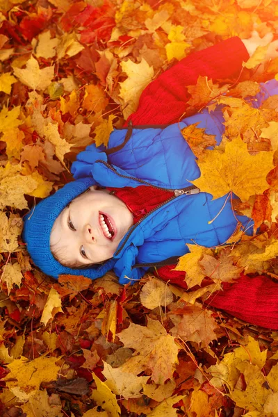 Copil Parcul Toamnă Fericit Băiat Adorabil Frunze Cădere Conceptul Copilărie — Fotografie, imagine de stoc