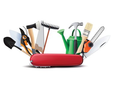 Swiss universal knife with garden tools. All in one. Creative 3d illustration clipart