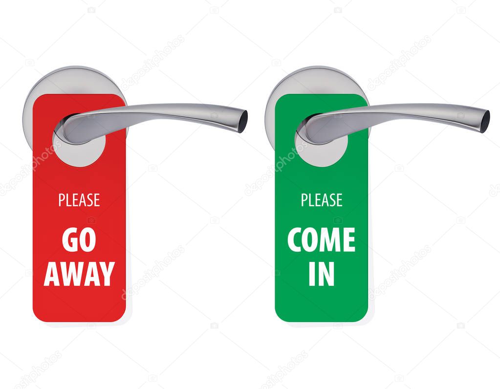 Go away and Come in room tags on door handle. Vector 3d illustration