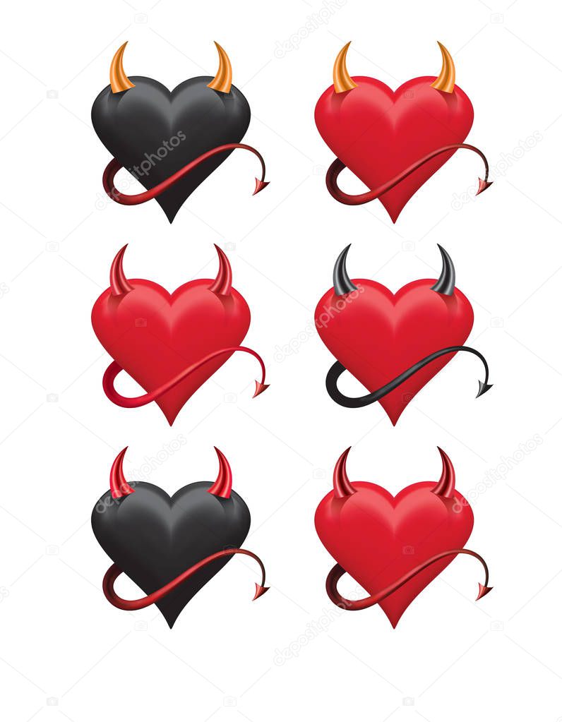 Devil hearts with sharp horns and a tail set. Vector 3d illustration
