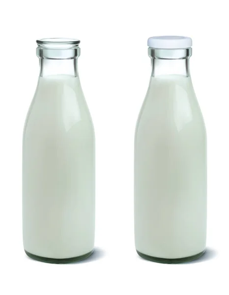 Gefüllt Ungeöffnete Und Geöffnete Milchflasche Isoliert Auf Weiß Realistische Vektor — Stockvektor