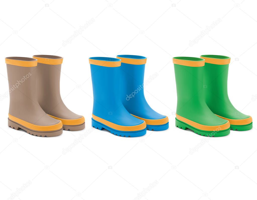 Waterproof rain rubber boots set. Realistic 3d illustration of colored rain boots. 