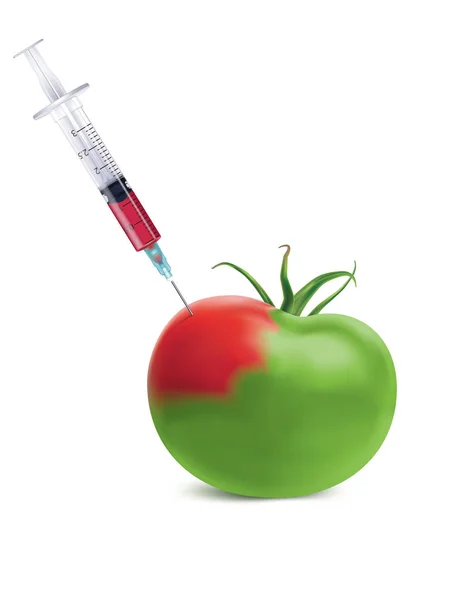 Tomate verde com seringa. Conceito de modificação genética alimentar. Em —  Vetores de Stock