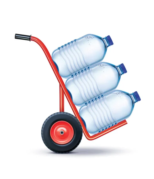 Consegna dell'acqua. Grande bottiglia di plastica di acqua potabile su truc mano — Vettoriale Stock