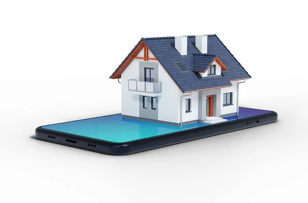 スマートホーム 物事のインターネット電話で家 3Dレンダリング図 — ストック写真