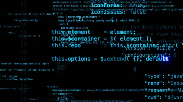 Rendering Αφηρημένη Μπλοκ Κώδικα Που Είναι Στον Εικονικό Χώρο Κάμερα — Φωτογραφία Αρχείου