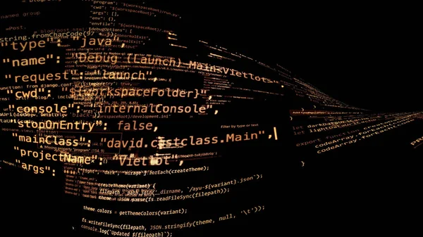 仮想空間における レンダリング抽象コード テープの形でコンピューター コードが曲がっています — ストック写真