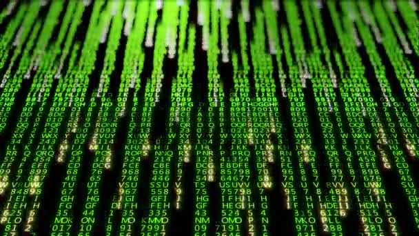 Des blocs de code de matrice de programme abstraits sont écrits et déplacés dans l'espace virtuel. Code sur fond noir. Bouclée  