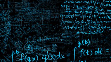 3D render soyut blokları sanal uzayda matematiksel formüller. Kamera bünyesinde matematik formülleri