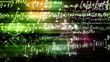 3D render soyut blokları sanal uzayda matematiksel formüller. Kamera bünyesinde matematik formülleri