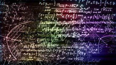 3D render soyut blokları sanal uzayda matematiksel formüller. Kamera bünyesinde matematik formülleri