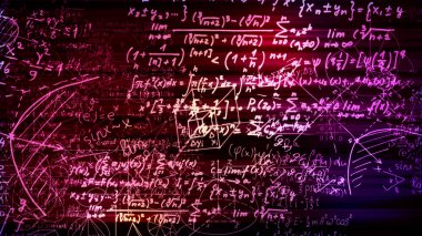 3D render soyut blokları sanal uzayda matematiksel formüller. Kamera bünyesinde matematik formülleri