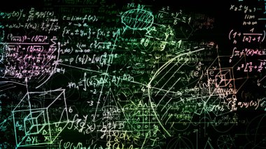 3D render soyut blokları sanal uzayda matematiksel formüller. Kamera bünyesinde matematik formülleri