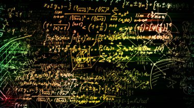 3D render soyut blokları sanal uzayda matematiksel formüller. Kamera bünyesinde matematik formülleri