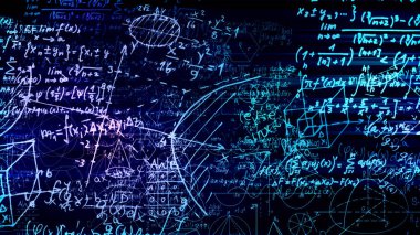 3D render soyut blokları sanal uzayda matematiksel formüller. Kamera bünyesinde matematik formülleri