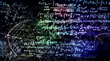 3D render soyut blokları sanal uzayda matematiksel formüller. Kamera bünyesinde matematik formülleri