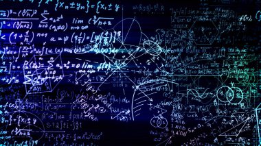 3D render soyut blokları sanal uzayda matematiksel formüller. Kamera bünyesinde matematik formülleri