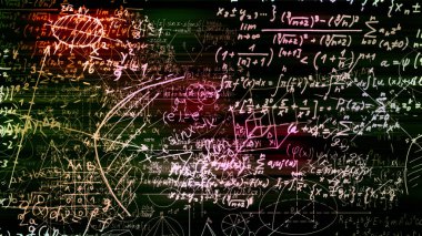 3D render soyut blokları sanal uzayda matematiksel formüller. Kamera bünyesinde matematik formülleri