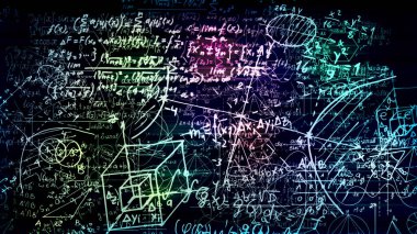 3D render soyut blokları sanal uzayda matematiksel formüller. Kamera bünyesinde matematik formülleri