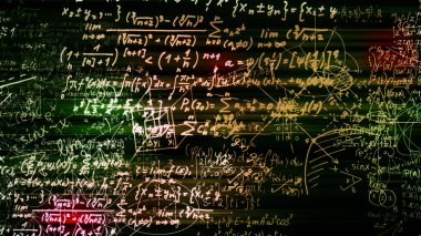 3D render soyut blokları sanal uzayda matematiksel formüller. Kamera bünyesinde matematik formülleri