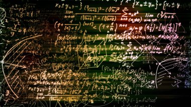3D render soyut blokları sanal uzayda matematiksel formüller. Kamera bünyesinde matematik formülleri