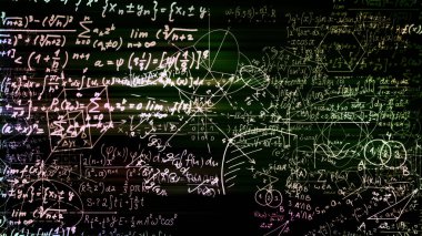 3D render soyut blokları sanal uzayda matematiksel formüller. Kamera bünyesinde matematik formülleri