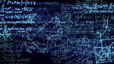 3D render soyut blokları sanal uzayda matematiksel formüller. Kamera bünyesinde matematik formülleri