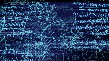 3D render soyut blokları sanal uzayda matematiksel formüller. Kamera bünyesinde matematik formülleri