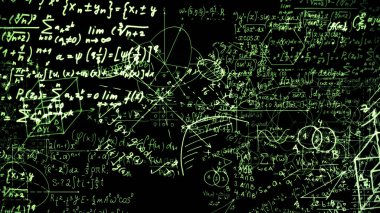 3D render soyut blokları sanal uzayda matematiksel formüller. Kamera bünyesinde matematik formülleri