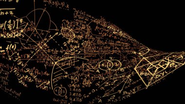 3D render soyut matematiksel formüller sanal alanda. Matematiksel formüller bir bant şeklinde bükülmüş