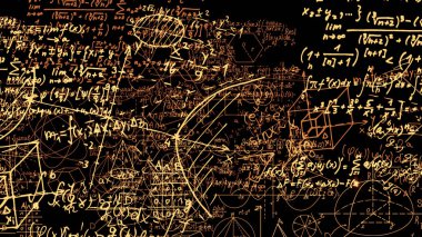 3D render soyut blokları sanal uzayda matematiksel formüller. Kamera bünyesinde matematik formülleri
