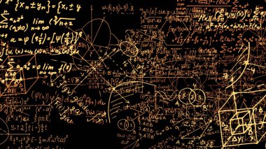 3D render soyut blokları sanal uzayda matematiksel formüller. Kamera bünyesinde matematik formülleri