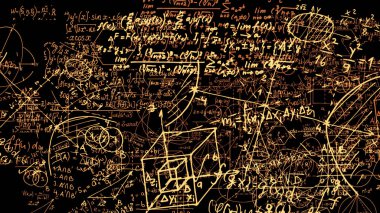 3D render soyut blokları sanal uzayda matematiksel formüller. Kamera bünyesinde matematik formülleri