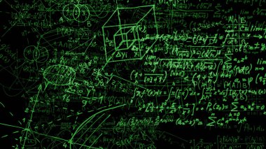 3D render soyut blokları sanal uzayda matematiksel formüller. Kamera bünyesinde matematik formülleri